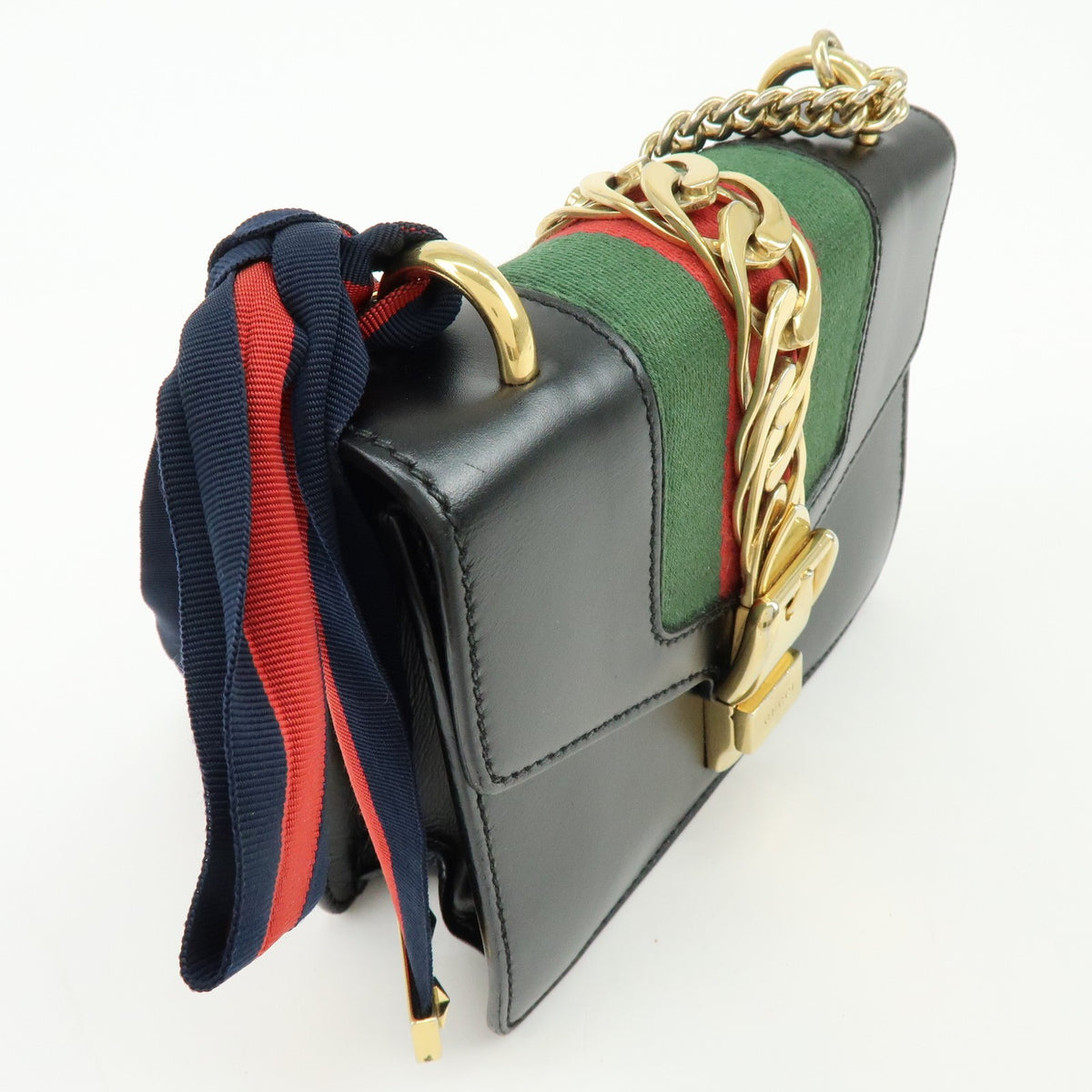 Gucci Sylvie Chain Leather, Black, Leather, Shoulder Bag