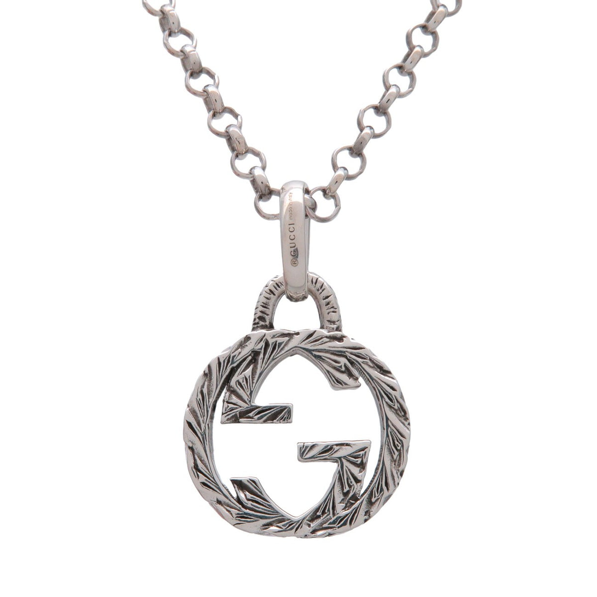 Gucci Engraved Interlocking G Chain Link Pendant Sterling Silver, Silver, Silver, Necklace