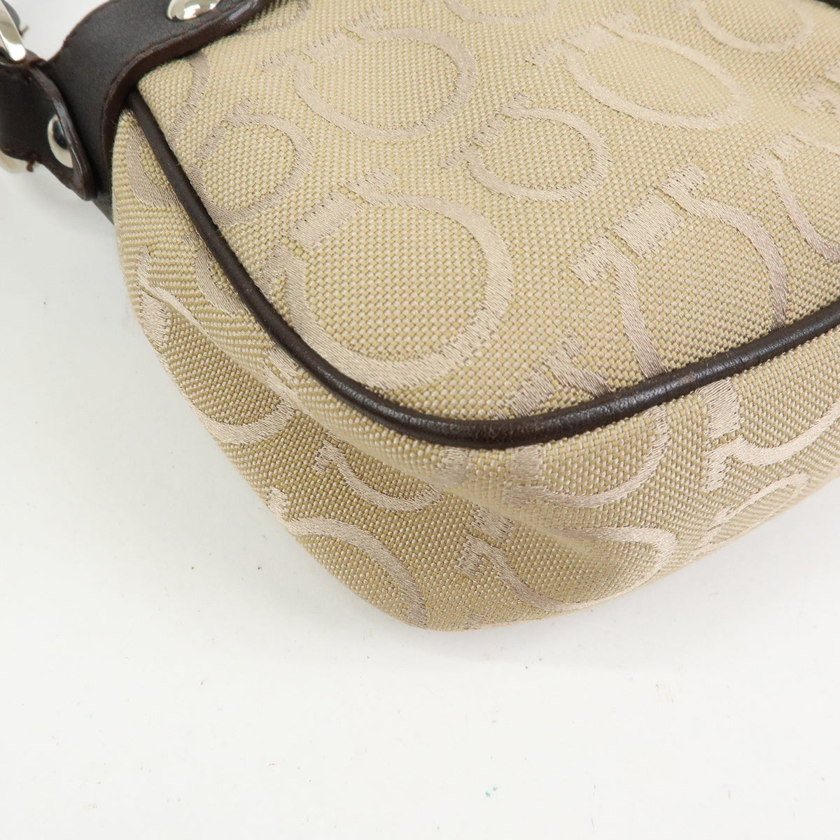 Salvatore Ferragamo Gancini Handle Leather, Beige, Canvas, Tote Bag
