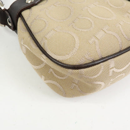 Salvatore Ferragamo Gancini Handle Leather, Beige, Canvas, Tote Bag