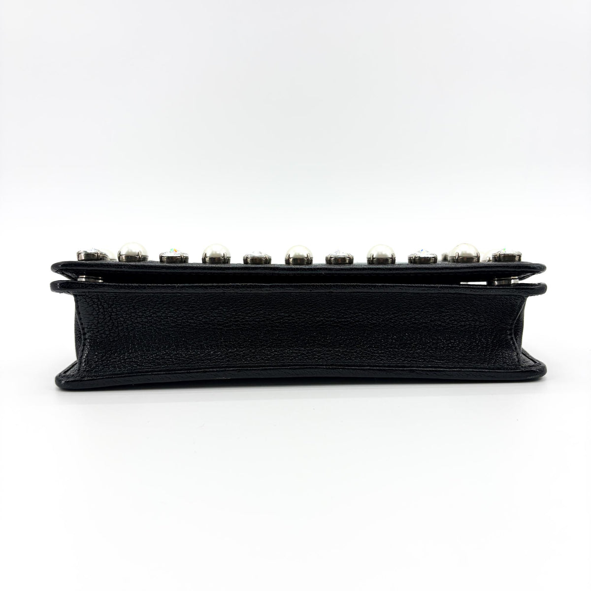 Miu Miu Crystal and Pearl Chain Clutch Embellished Leather, Black, Leather, Clutch
