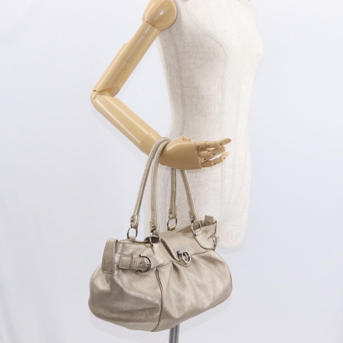 Salvatore Ferragamo Gancini Leather, Gold, Leather, Handbag