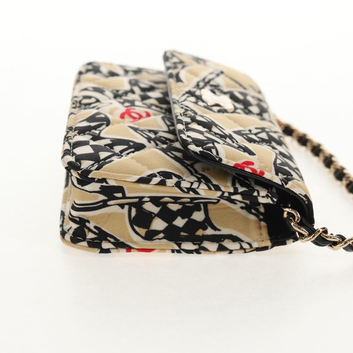 Chanel Flap Card Holder on Chain Quilted Printed Canvas, Beige, Satin, Shoulder Bag