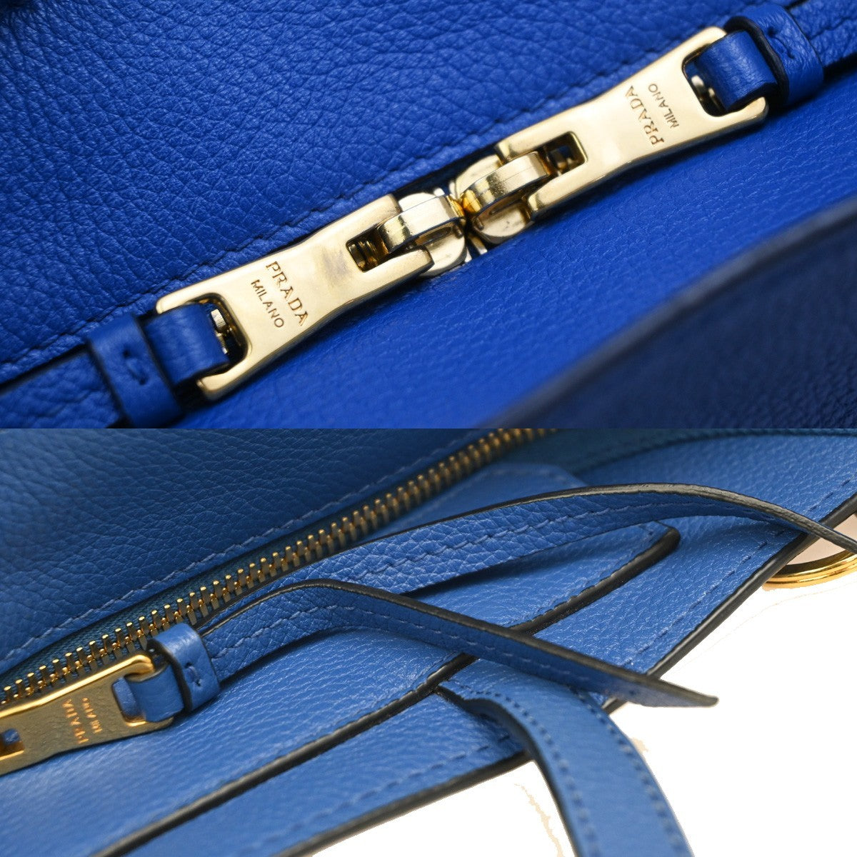 Prada Front Pocket Shopping Vitello Daino, Blue, Leather, Tote Bag