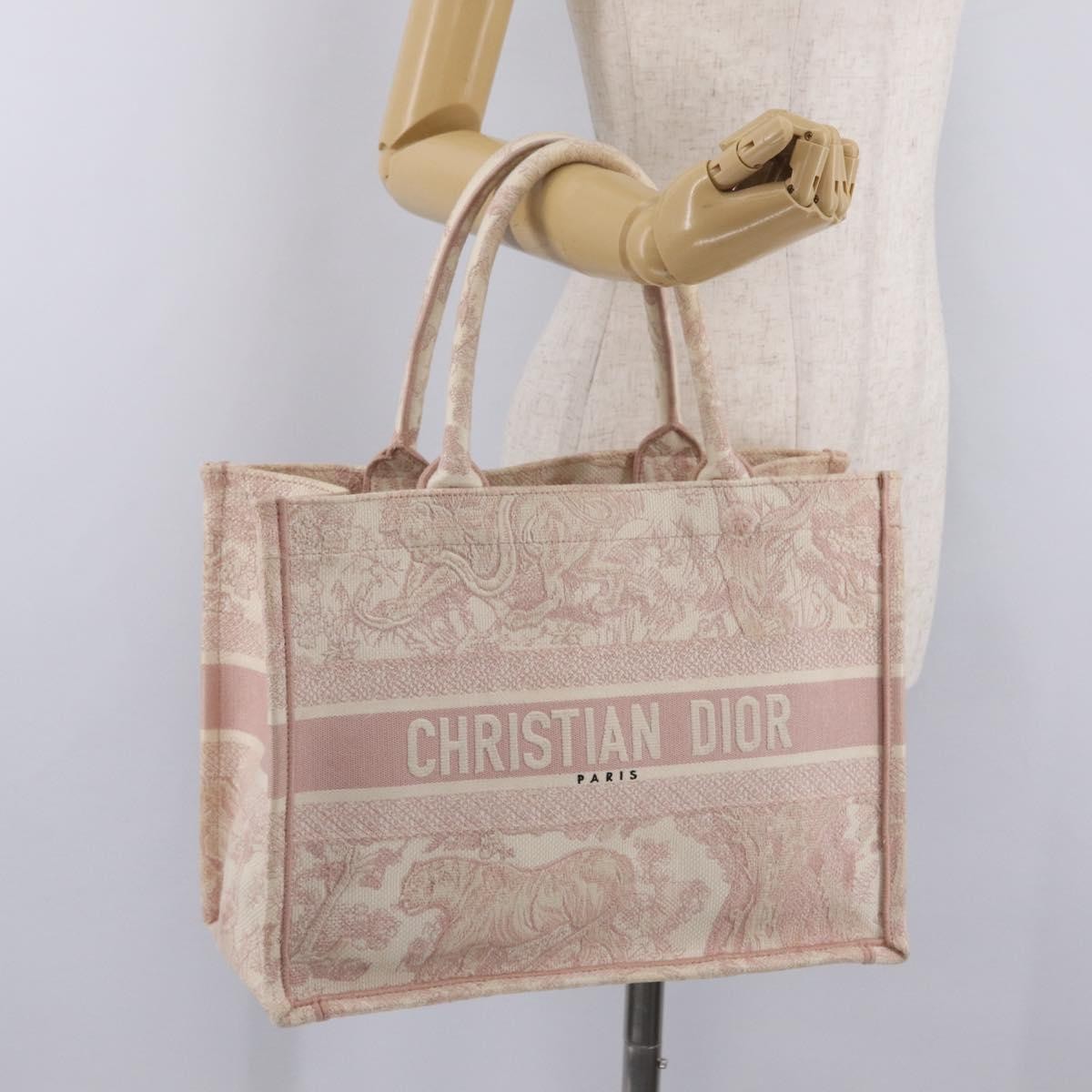 Christian Dior Book Embroidered Canvas, Pink, Canvas, Tote Bag