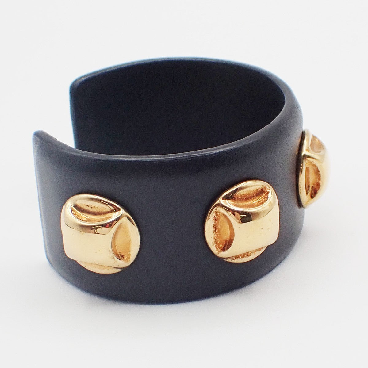 Celine Stud Cuff Leather and Plated Metal, Black, Leather, Bracelet