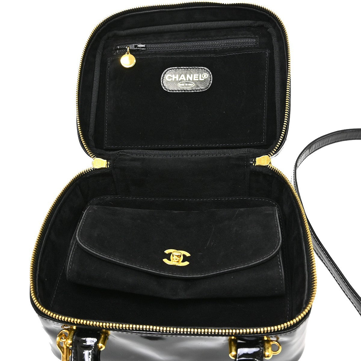 Chanel Vintage Timeless Zip Around Vanity Case Patent, Black, Patent Leather, Handbag