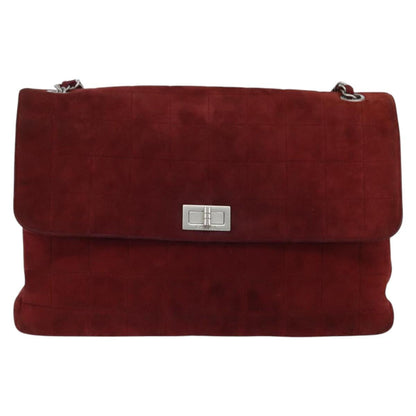 Chanel Chocolate Bar Flap Bag Quilted Satin, RED, SUEDE, Shoulder bag