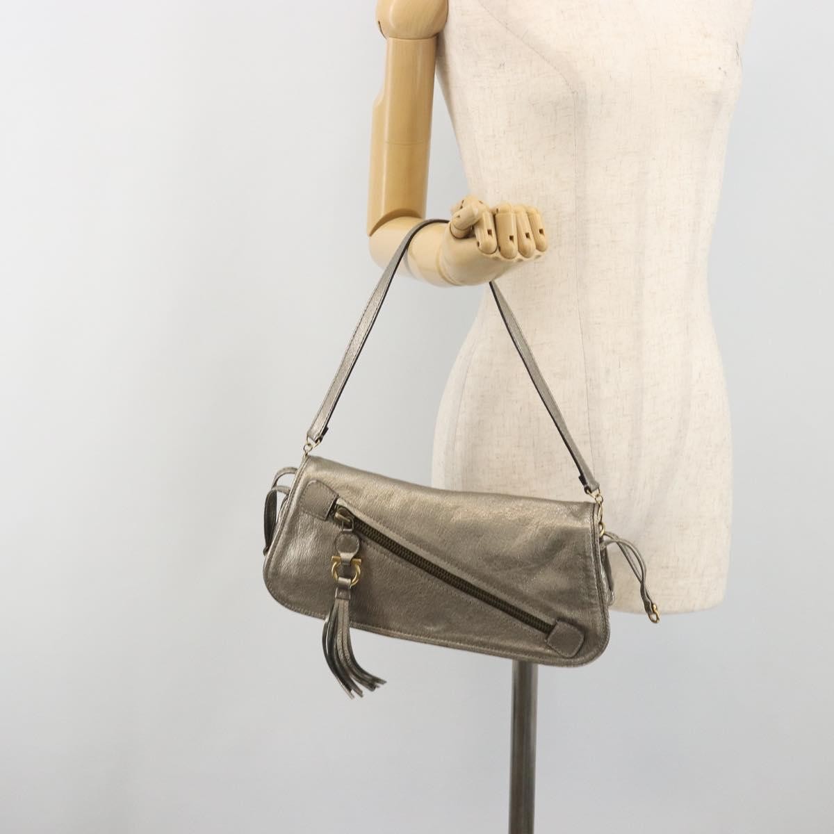 Salvatore Ferragamo Gancini Leather, Silver, Leather, Shoulder Bag