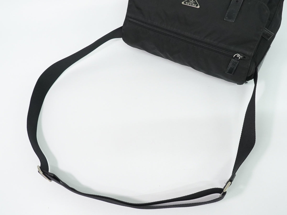 Prada Zip Buckle Messenger Tessuto, Black, Nylon, Shoulder Bag