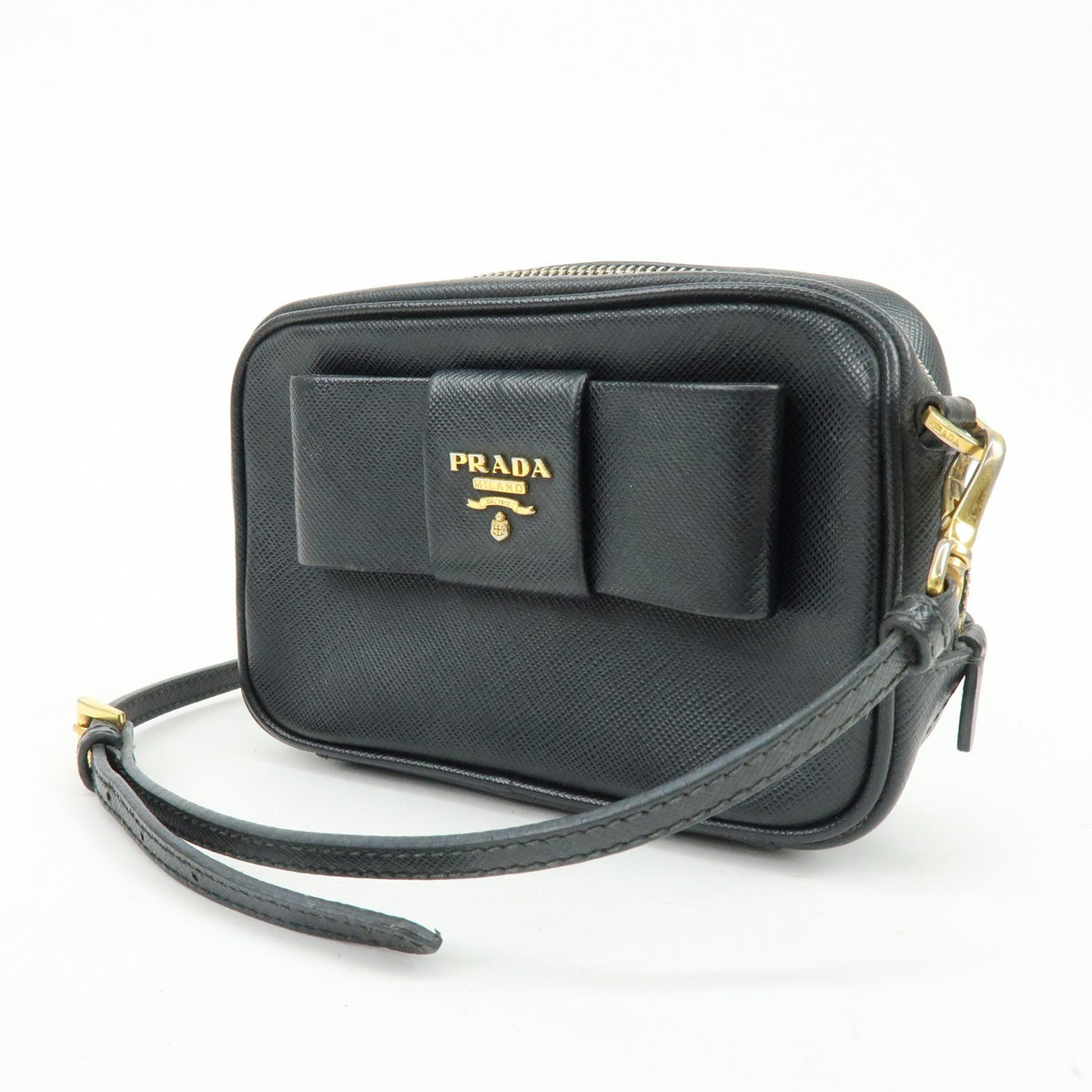 Prada Bow Camera Saffiano Leather, Black, Leather, Crossbody Bag