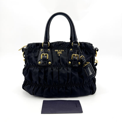 Prada Gaufre Convertible Leather and Tessuto, Black, Nylon, Tote Bag