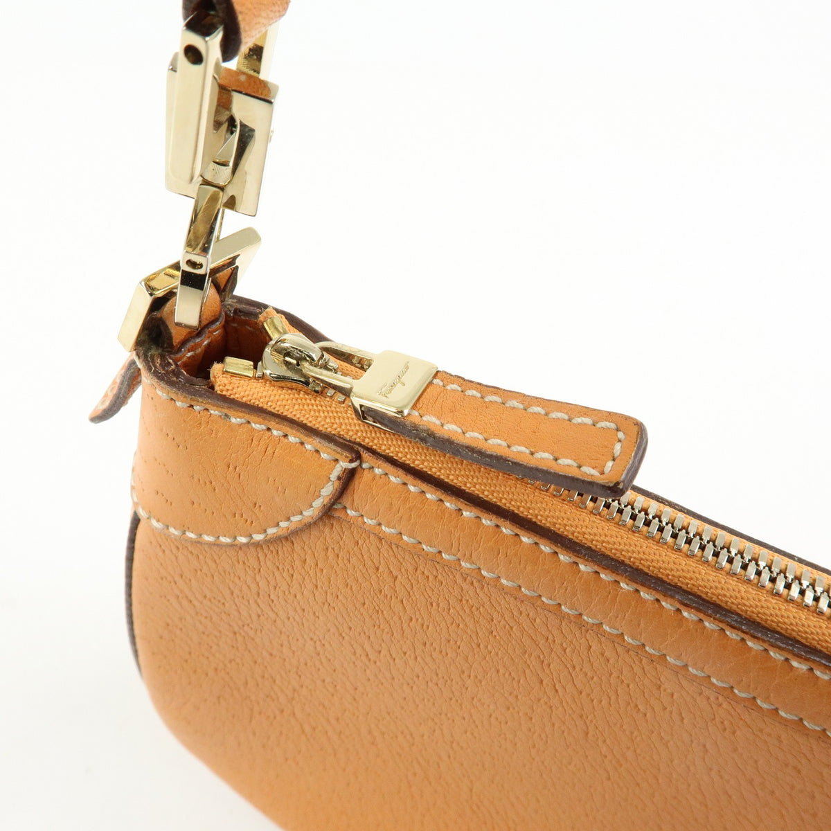 Salvatore Ferragamo Gancini Top Handle Leather, Orange, Leather, Handbag