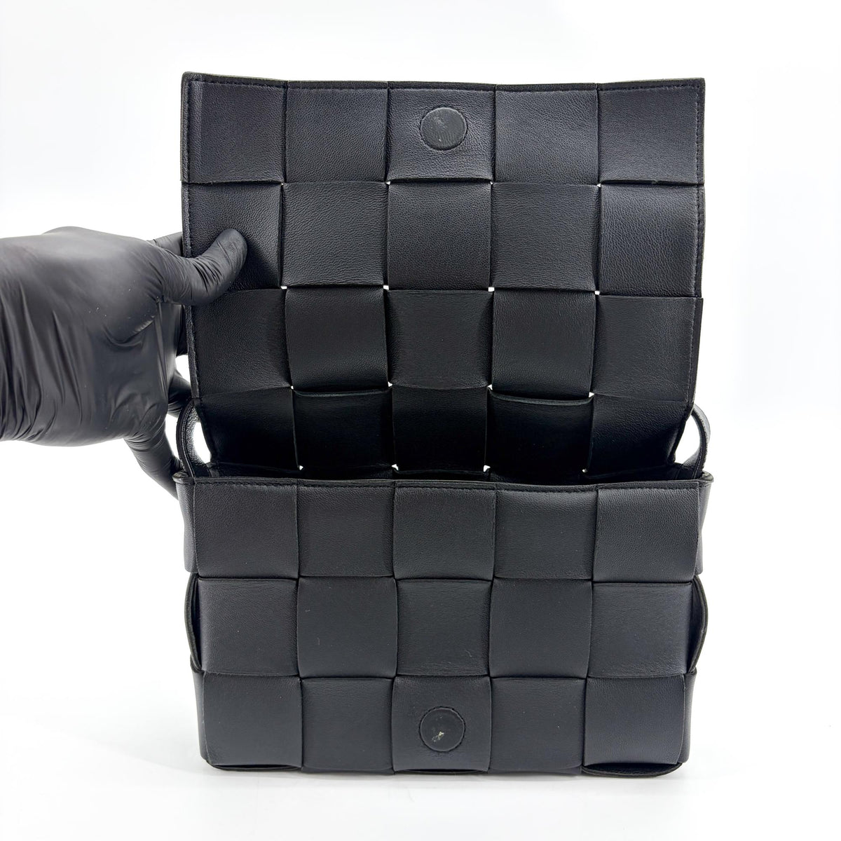 Bottega Veneta Cassette Maxi Intrecciato Patent, Black, Leather, Crossbody Bag