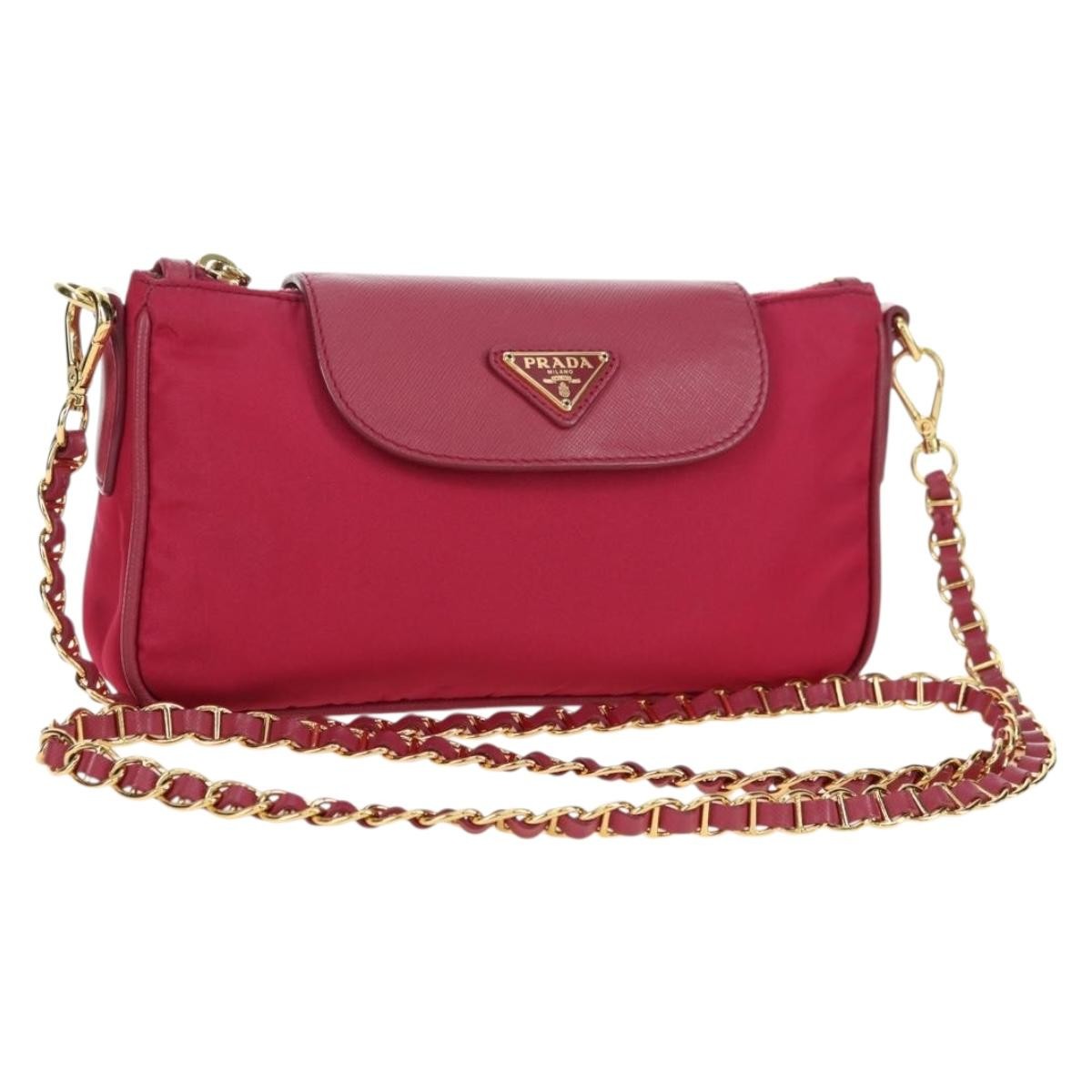 Prada Chain Tessuto and Saffiano Leather, Pink, Nylon, Shoulder Bag