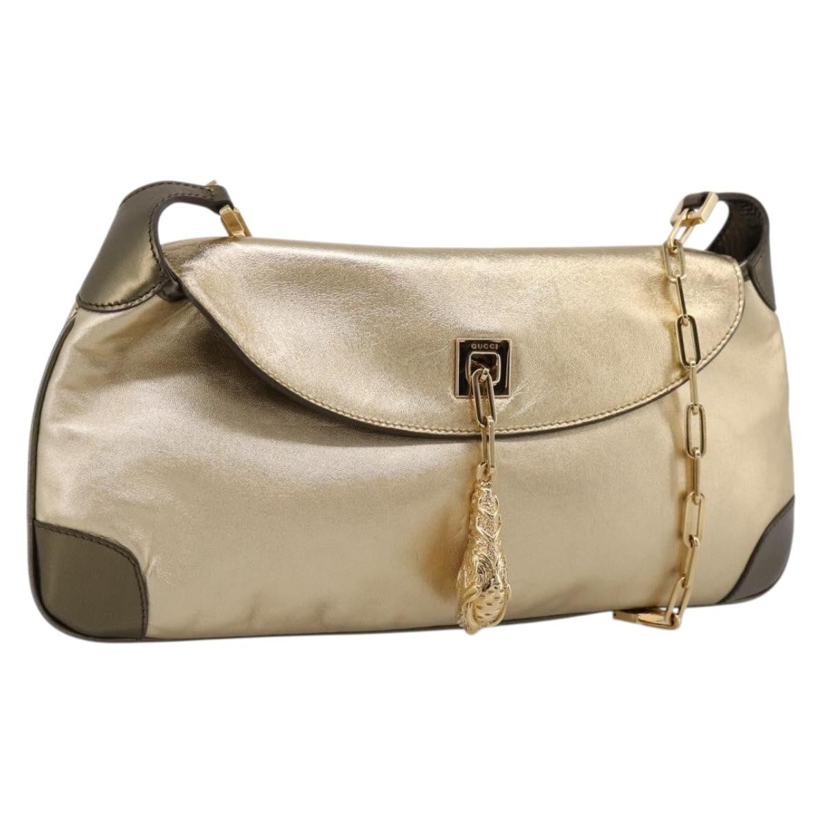 Gucci Tiger Charm Leather, Gold, Leather, Shoulder Bag