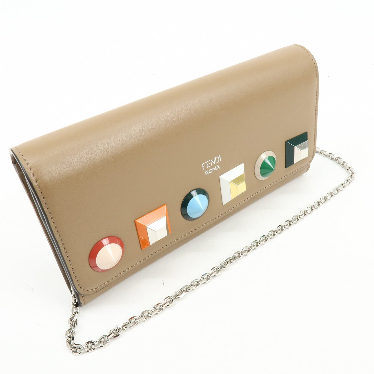 Fendi Continental Wallet on Chain Studded Leather, Beige, Leather, Crossbody Bag
