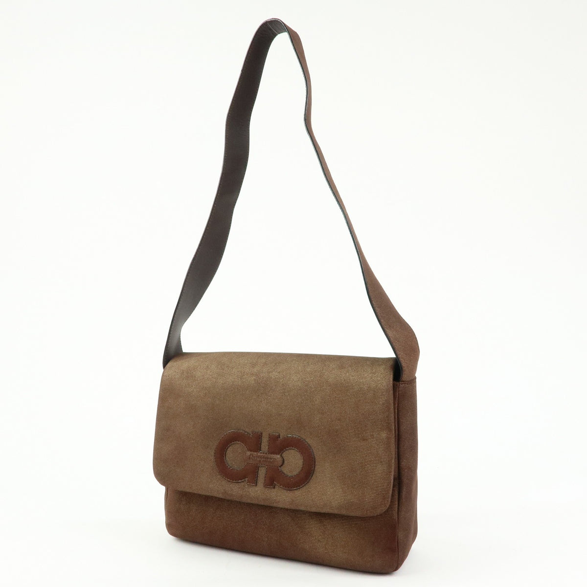 Salvatore Ferragamo Gancini Suede, Brown, Canvas, Crossbody Bag