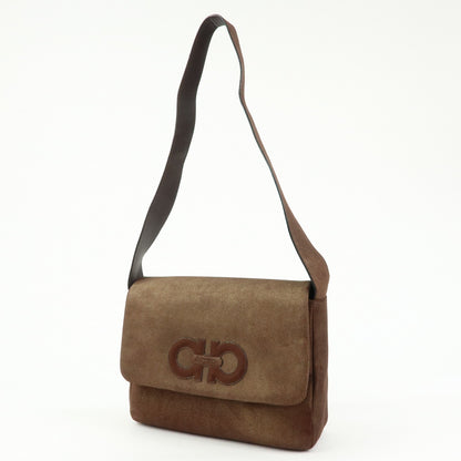 Salvatore Ferragamo Gancini Suede, Brown, Canvas, Crossbody Bag