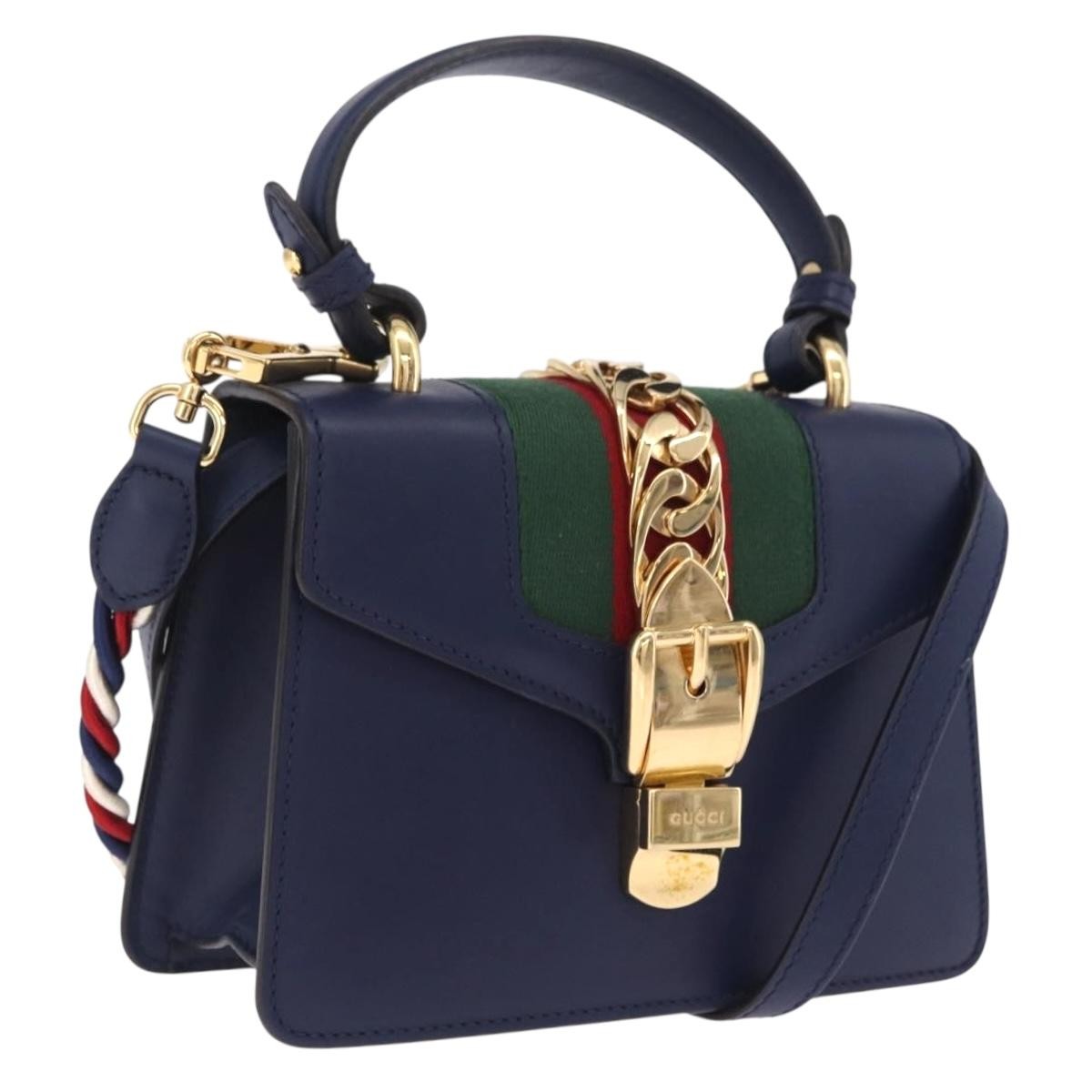 Gucci Sylvie Top Handle Leather, Navy, Leather, Handbag