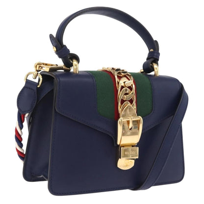Gucci Sylvie Top Handle Leather, Navy, Leather, Handbag