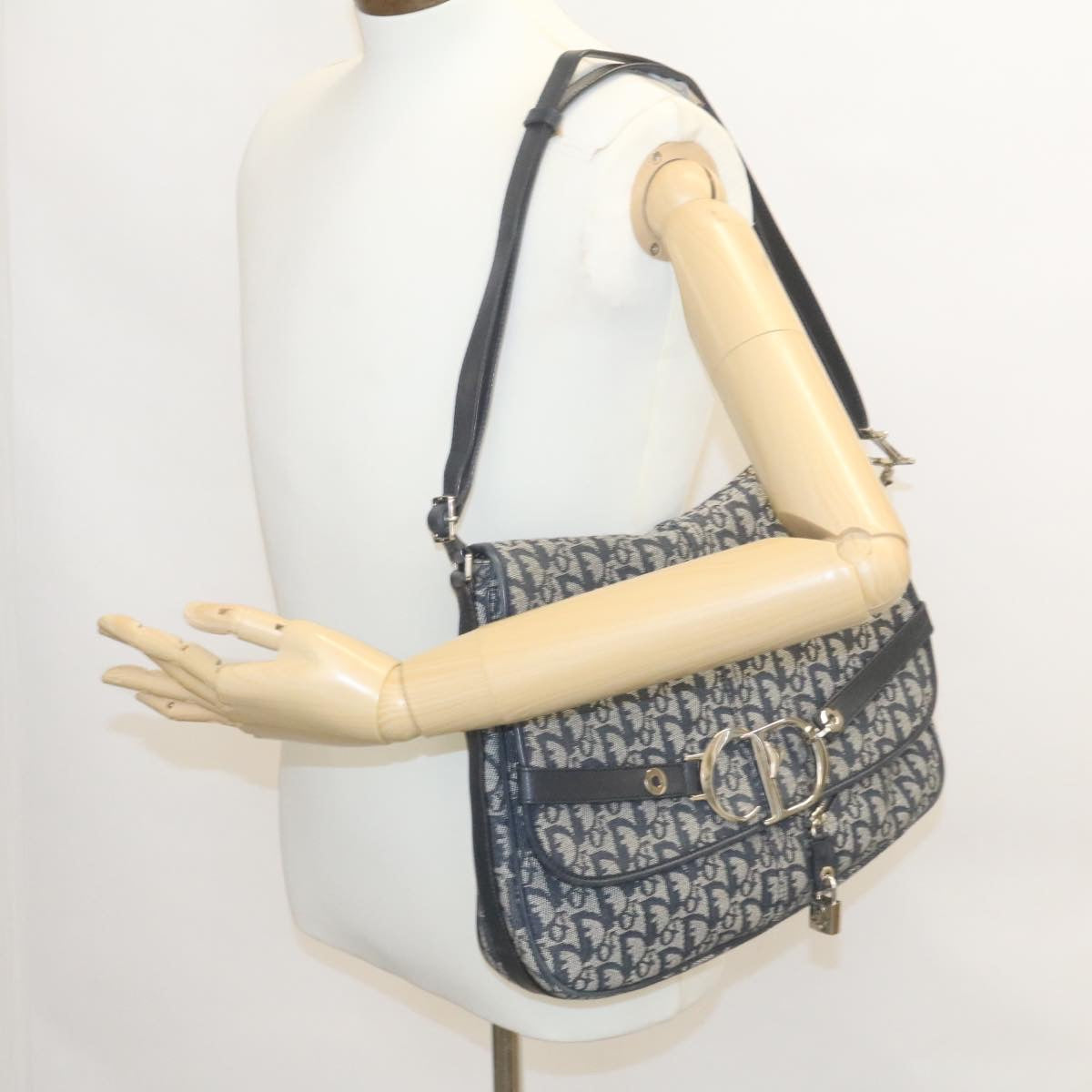 Christian Dior Vintage CD Flap Messenger Diorissimo Canvas, Navy, Canvas, Shoulder Bag