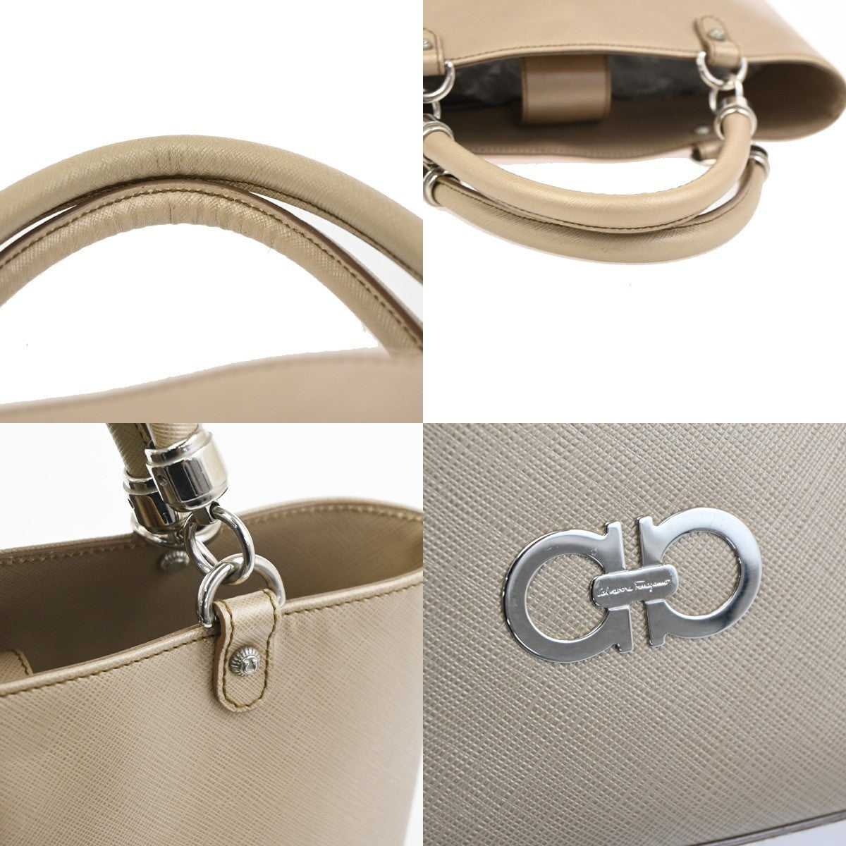 Salvatore Ferragamo Gancini Leather, Beige, Leather, Handbag