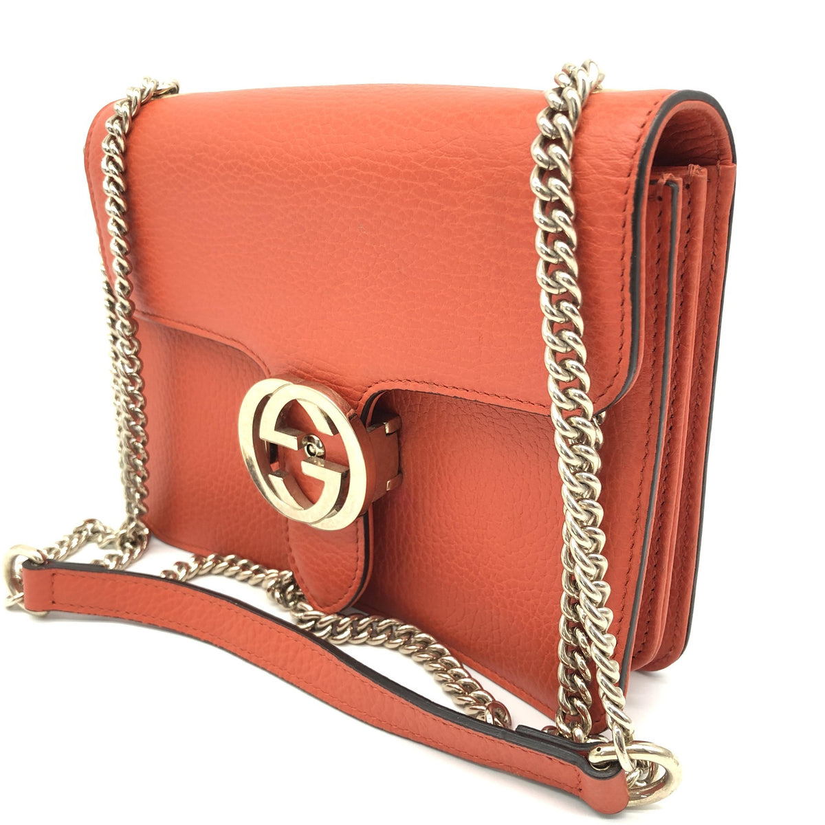 Gucci Interlocking Chain Leather, Orange, Leather, Crossbody Bag