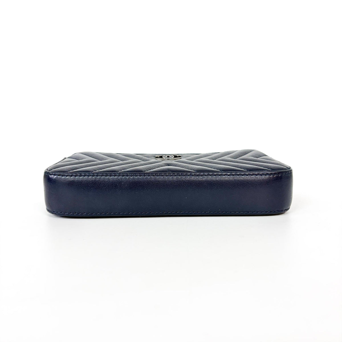 Chanel CC Double Zip Clutch with Chain Chevron Lambskin, Navy, Leather, Clutch