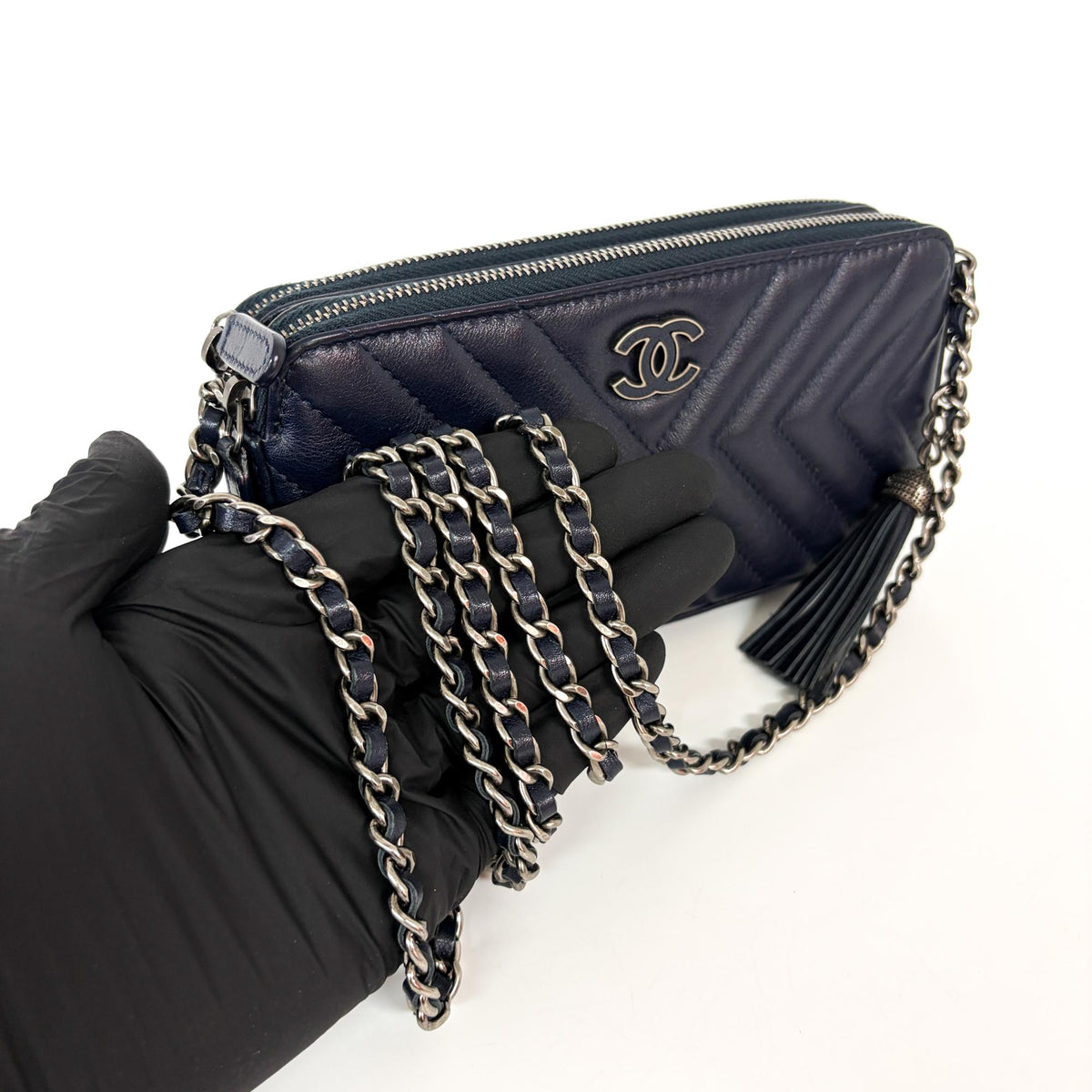 Chanel CC Double Zip Clutch with Chain Chevron Lambskin, Navy, Leather, Clutch