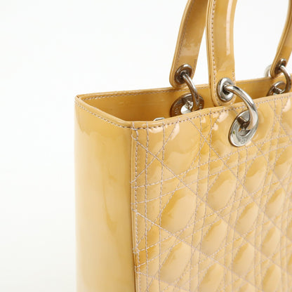 Christian Dior Vintage Lady Dior Cannage Quilt Patent, Yellow, Patent Leather, Handbag