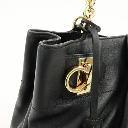 Salvatore Ferragamo W Chain Leather, Black, Leather, Tote Bag