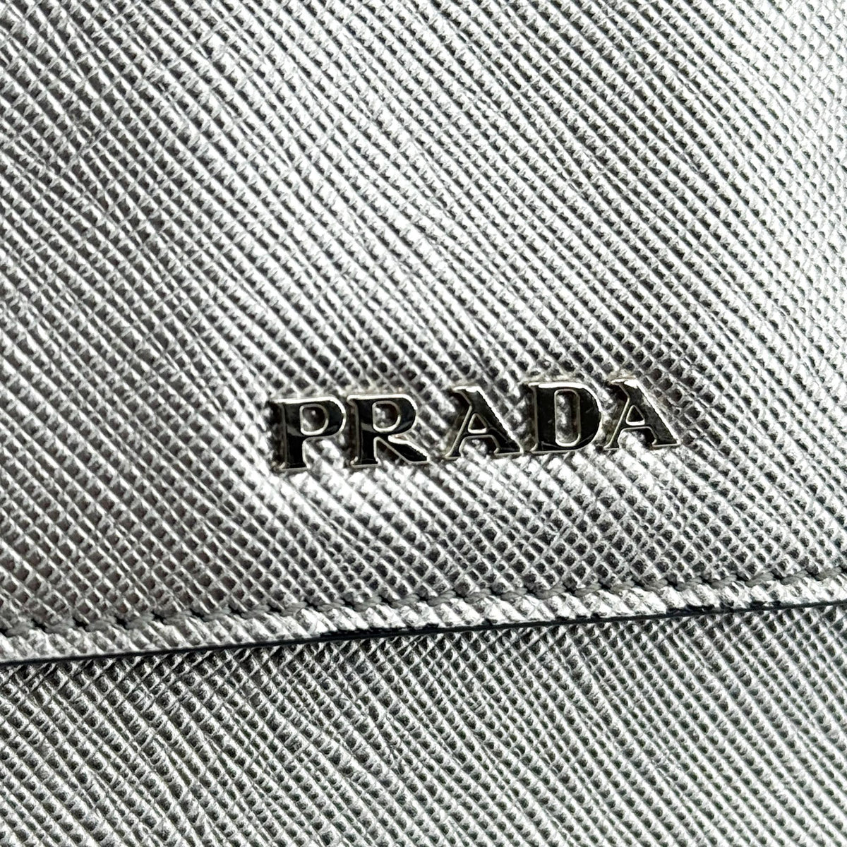 Prada Wallet on Strap Saffiano Leather, Silver, Leather, Crossbody Bag