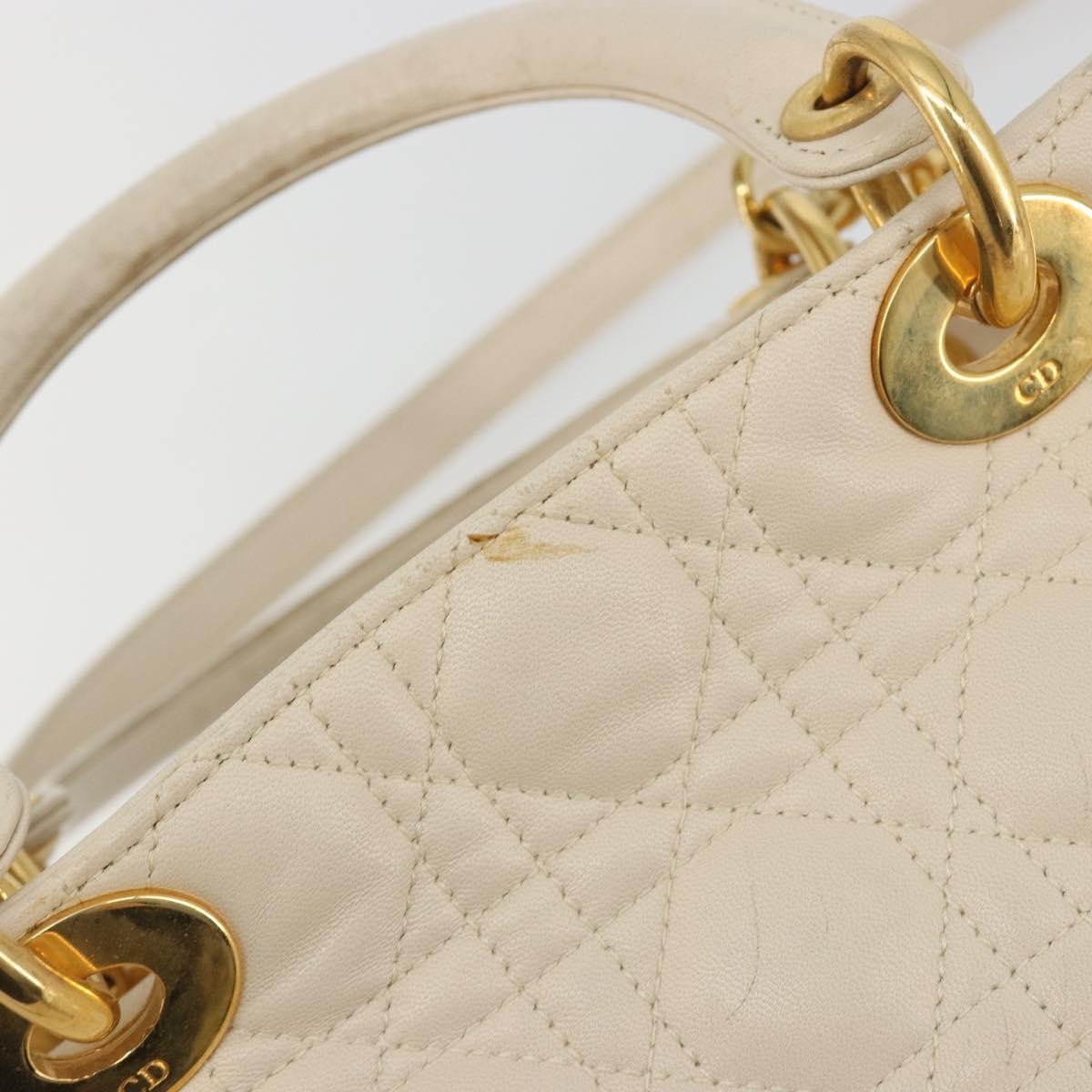 Christian Dior Lady Dior Cannage Quilt Lambskin, White, Leather, Handbag