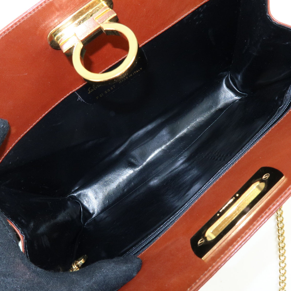 Salvatore Ferragamo Vintage Gancini Chain Leather, Brown, Leather, Shoulder Bag