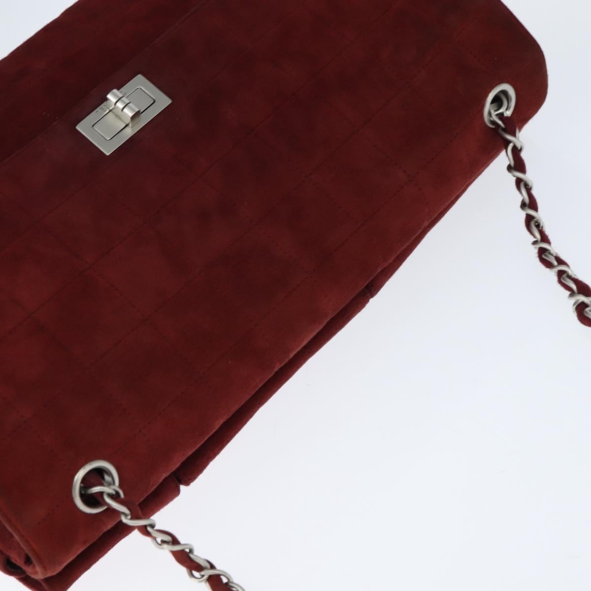 Chanel Chocolate Bar Flap Bag Quilted Satin, RED, SUEDE, Shoulder bag