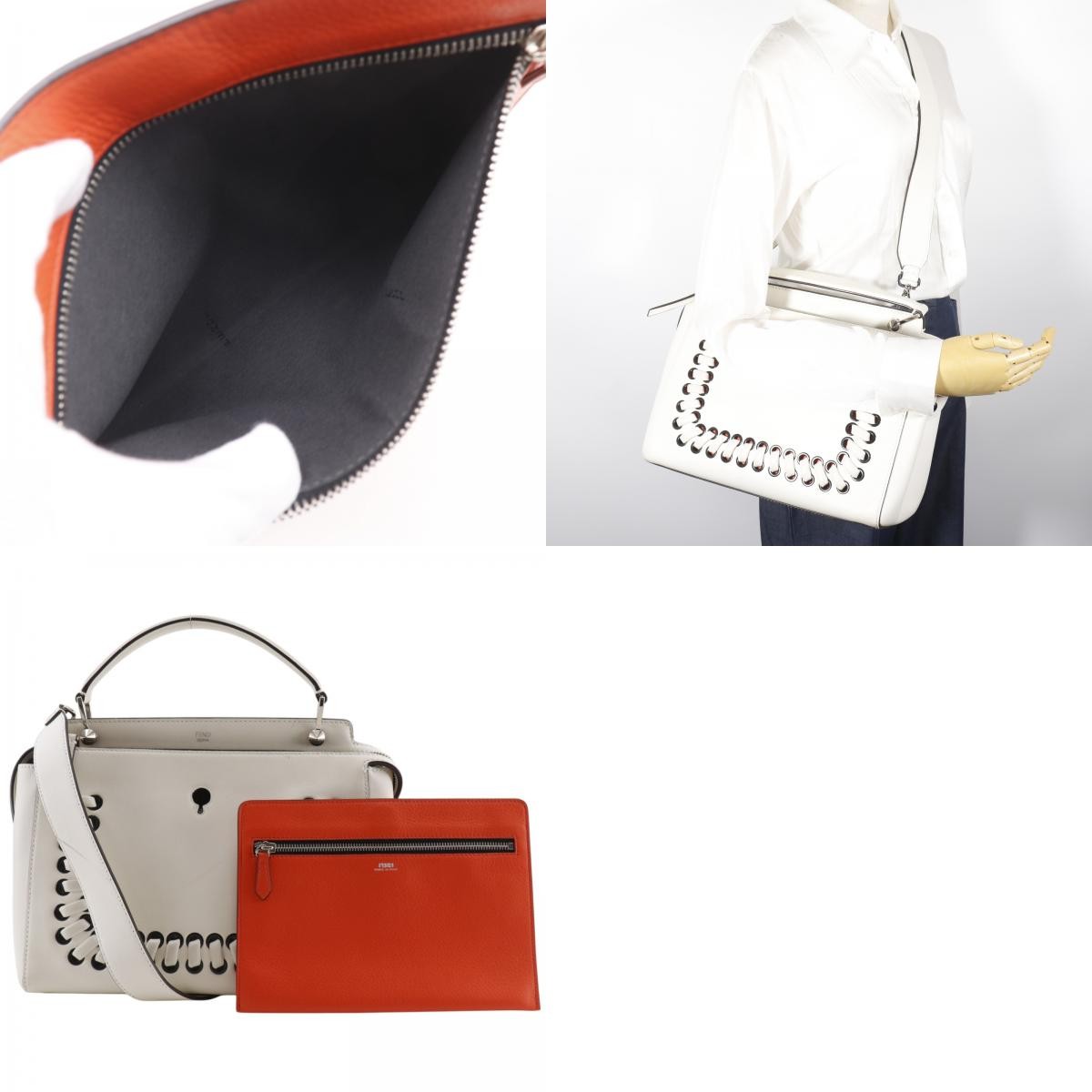 Fendi DotCom Convertible Satchel Whipstitch Leather, White, Leather, Handbag