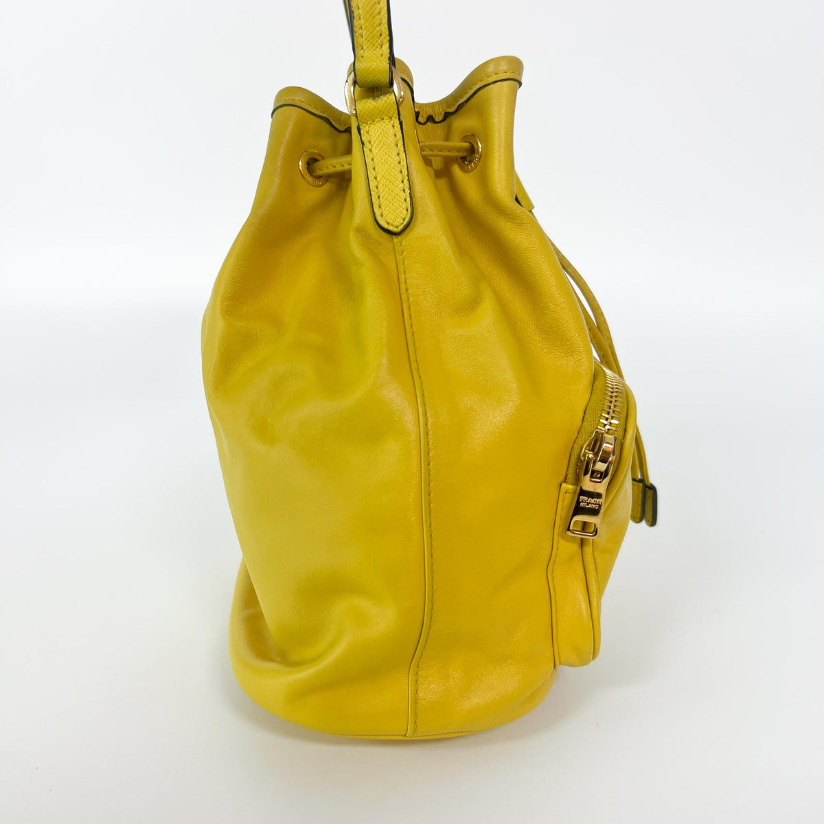 Prada Duet Drawstring Bucket Leather, Yellow, Leather, Handbag