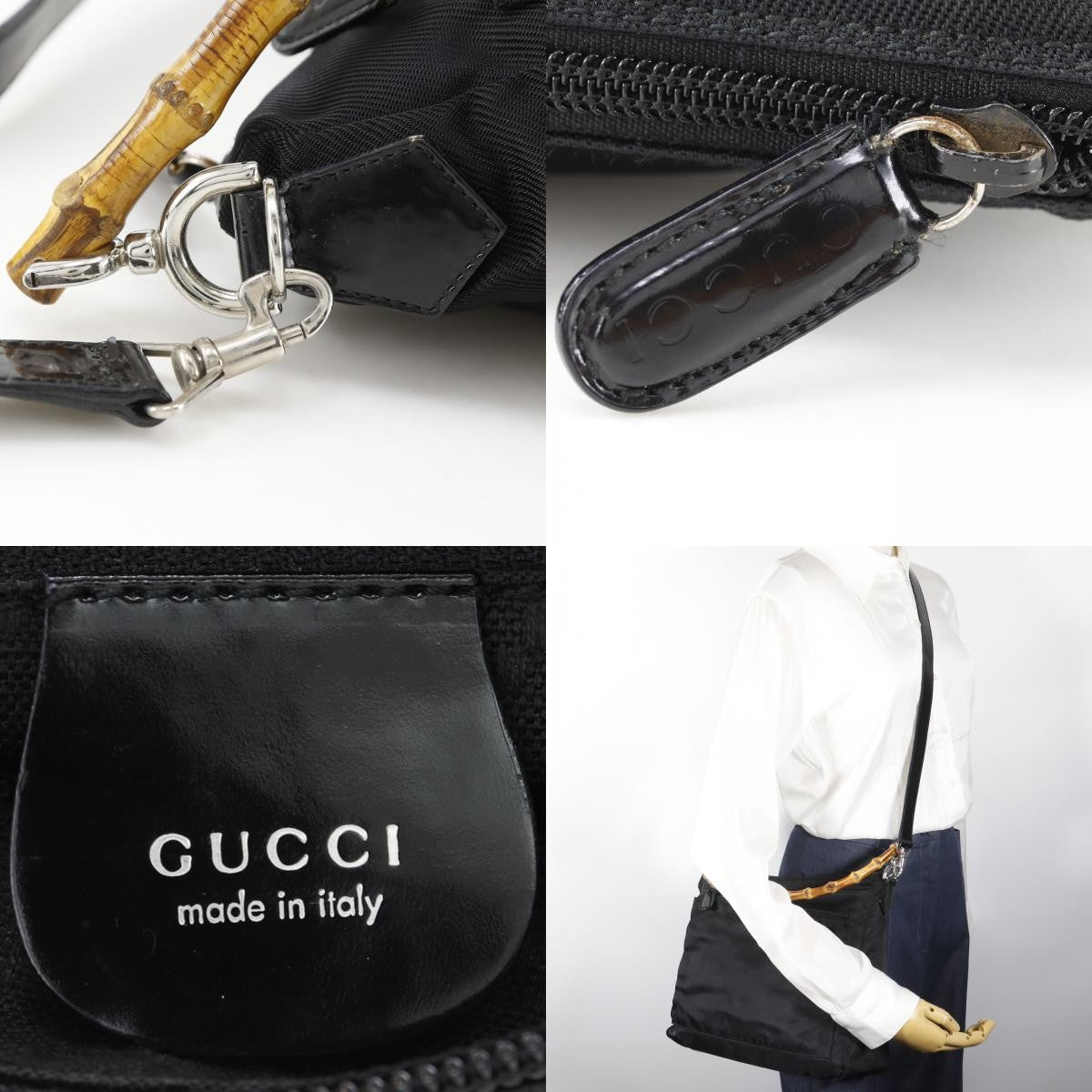 Gucci Sherry bamboo Nylon, Black, Nylon, Shoulder Bag