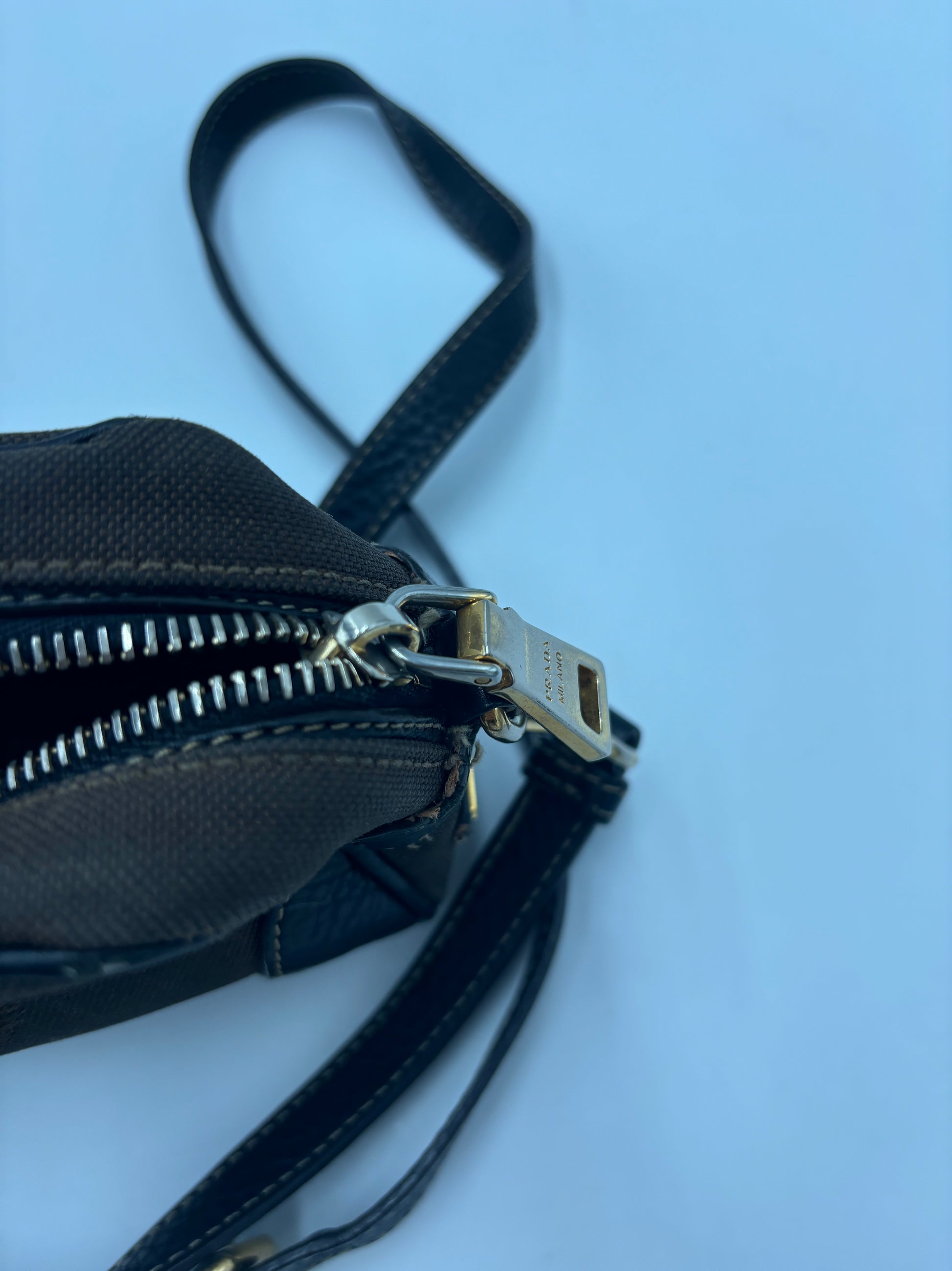 Prada Mini Zip Crossbody Bag Canvas and Leather, Brown, Canvas, Backpack
