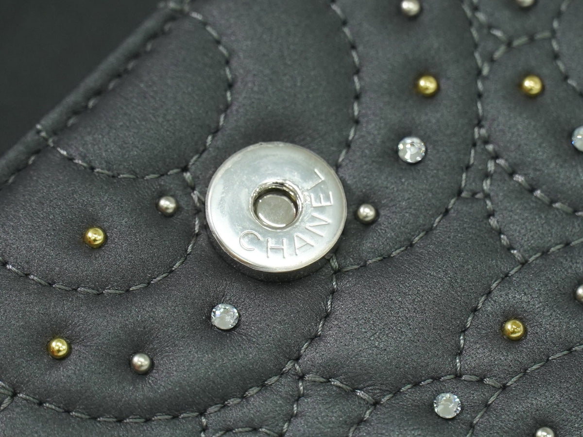 Chanel Camellia Flap Studded Camellia Lambskin, Gray, Leather, Wallet
