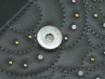 Chanel Camellia Flap Studded Camellia Lambskin, Gray, Leather, Wallet