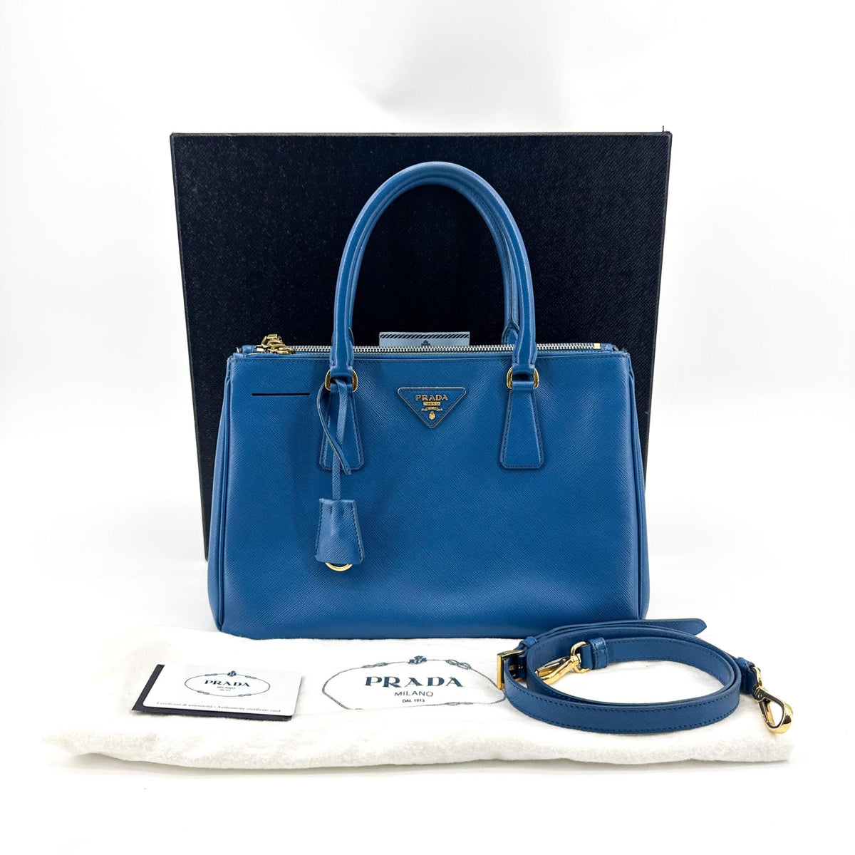 Prada Double Zip Lux Saffiano Leather, Blue, Leather, Tote Bag