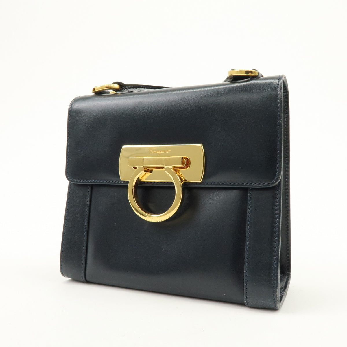 Salvatore Ferragamo Vintage Gancini Flap Leather, Navy, Leather, Shoulder Bag