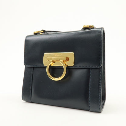 Salvatore Ferragamo Vintage Gancini Flap Leather, Navy, Leather, Shoulder Bag