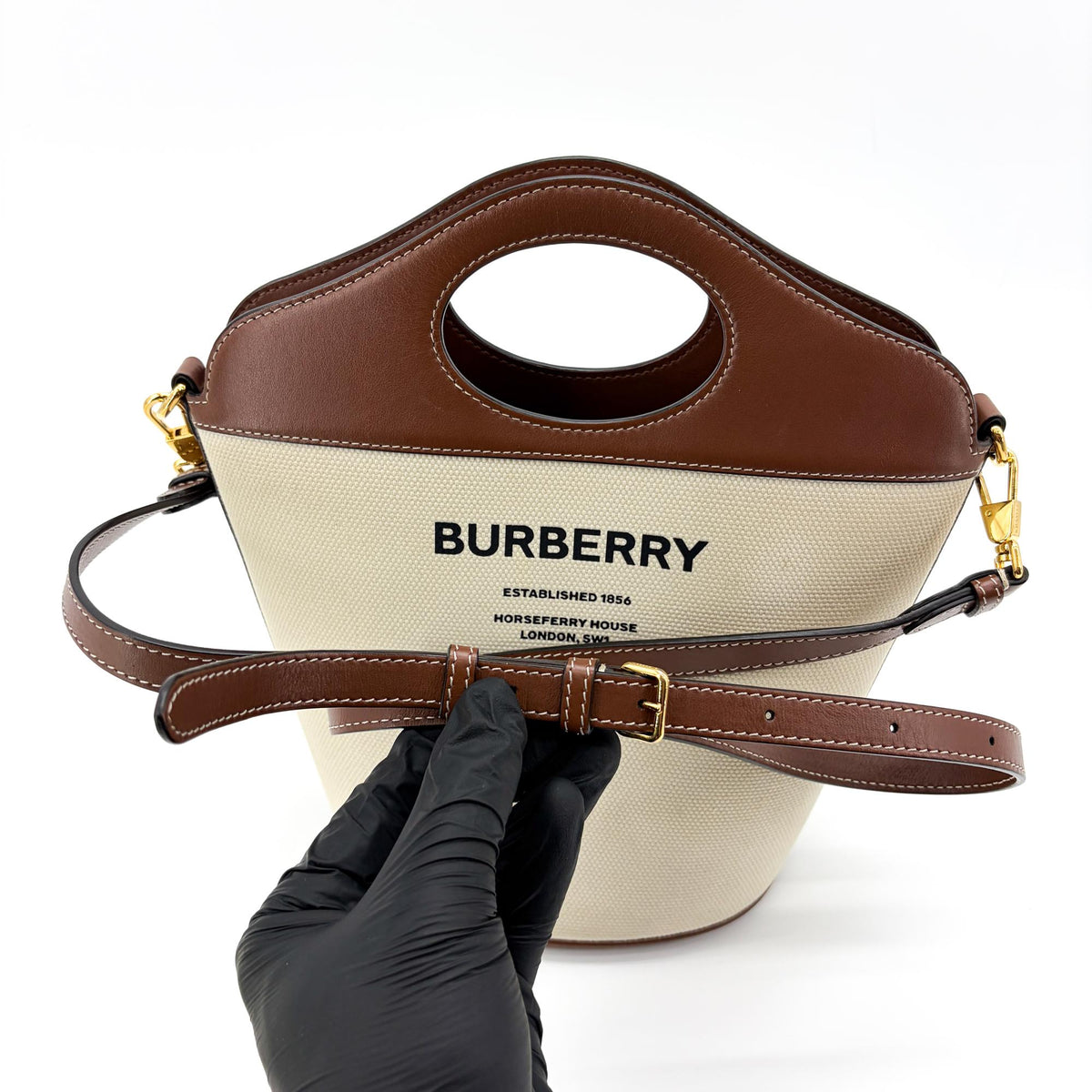 Burberry Pocket Bucket Canvas with Leather, Black, Canvas, Handbag