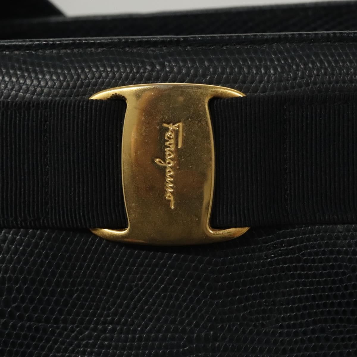 Salvatore Ferragamo Vintage Vara Bow Tote Lizard Embossed Leather, Navy, Leather, Tote Bag