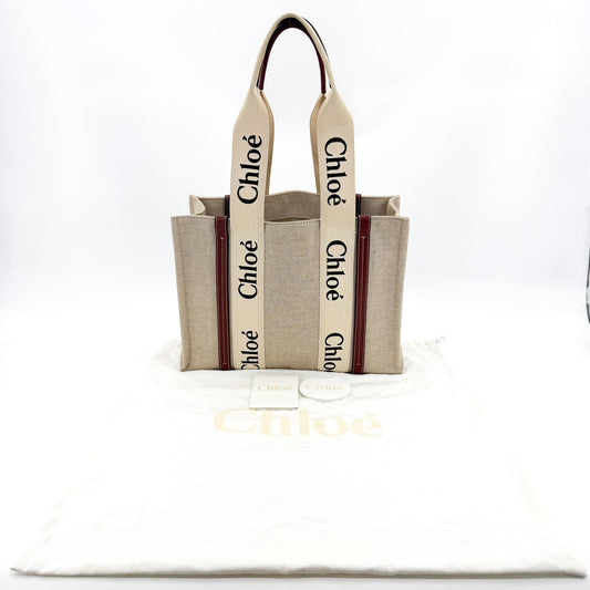 Chloe Woody Tote Canvas with Leather, Beige, Canvas, Handbag