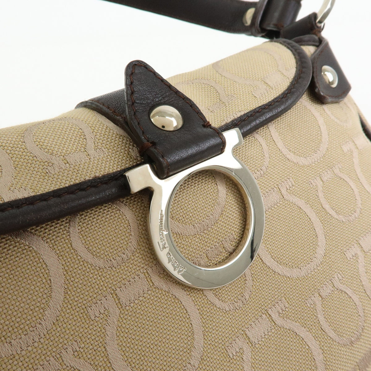 Salvatore Ferragamo Gancini Handle Leather, Beige, Canvas, Tote Bag