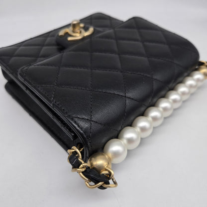 Chanel Chic Pearls Flap Clutch with Chain Quilted Lambskin, Black, Leather, Crossbody Bag
